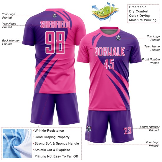 Benutzerdefinierte Rosa Lila-Weiß Curve Linien Sublimation Fußball Uniform Trikot Benutzerdefinierte Rosa Lila-Weiß Curve Linien Sublimation Fußball Uniform Trikot