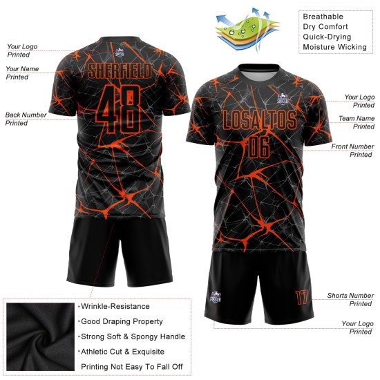 Benutzerdefiniertes schwarz-orangefarbenes Sublimations-Fußballtrikot Benutzerdefiniertes schwarz-orangefarbenes Sublimations-Fußballtrikot