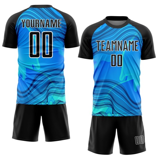 Benutzerdefinierte Himmelblau Schwarz-Weiß Wellen Sublimation Fußball Uniform Jersey Benutzerdefinierte Himmelblau Schwarz-Weiß Wellen Sublimation Fußball Uniform Jersey