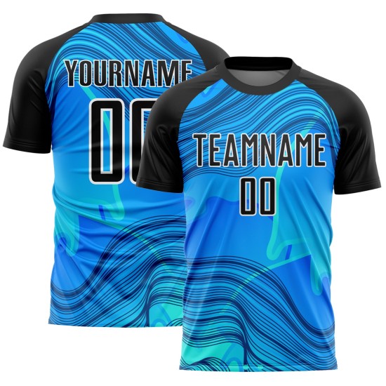 Benutzerdefinierte Himmelblau Schwarz-Weiß Wellen Sublimation Fußball Uniform Jersey Benutzerdefinierte Himmelblau Schwarz-Weiß Wellen Sublimation Fußball Uniform Jersey