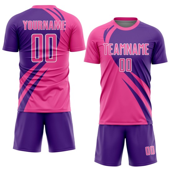 Benutzerdefinierte Rosa Lila-Weiß Curve Linien Sublimation Fußball Uniform Trikot Benutzerdefinierte Rosa Lila-Weiß Curve Linien Sublimation Fußball Uniform Trikot